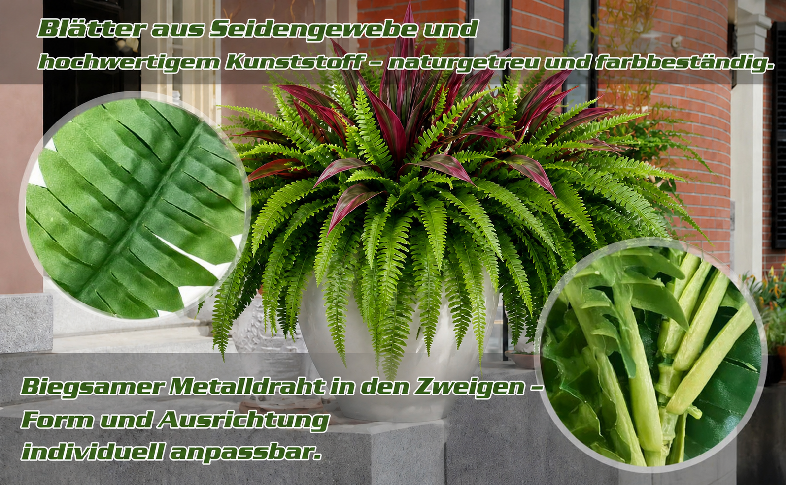 Material und biegsame Zweige des Kunstfarn- und Dracaena-Arrangements