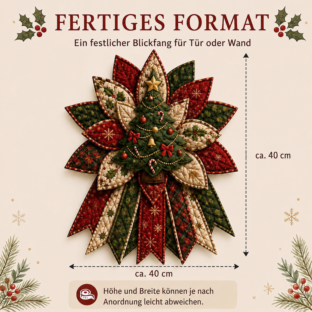 Fertiges Format des Weihnachts-Türschmucks etwa 40 Zentimeter