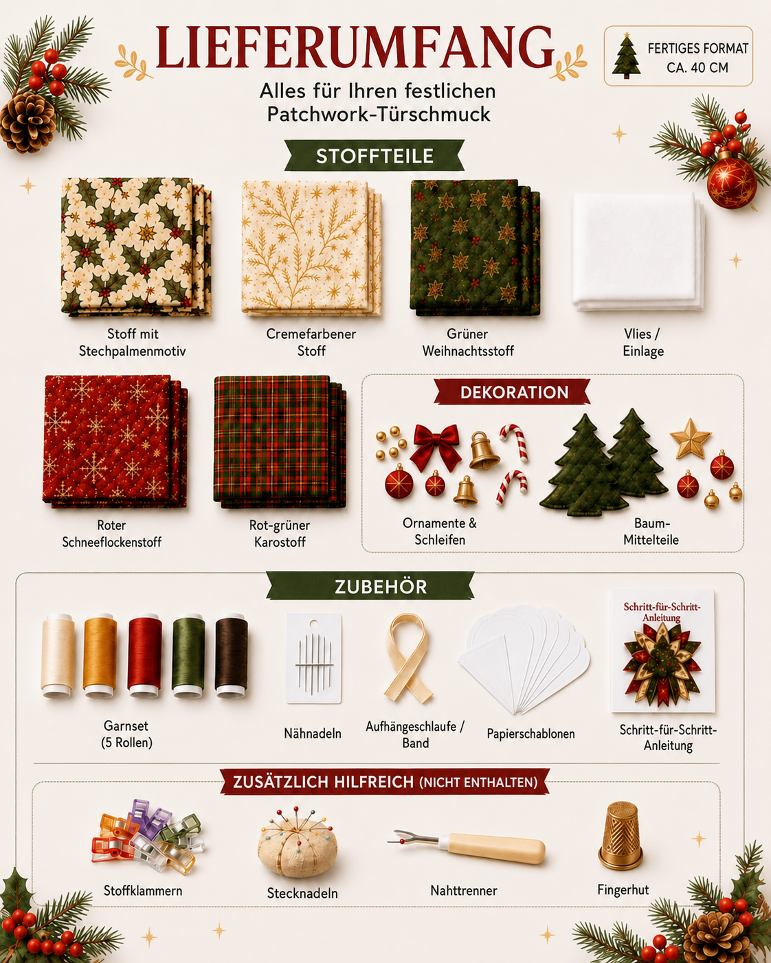 Lieferumfang des Weihnachts-Türhänger-Nähsets mit Stoffen und Zubehör