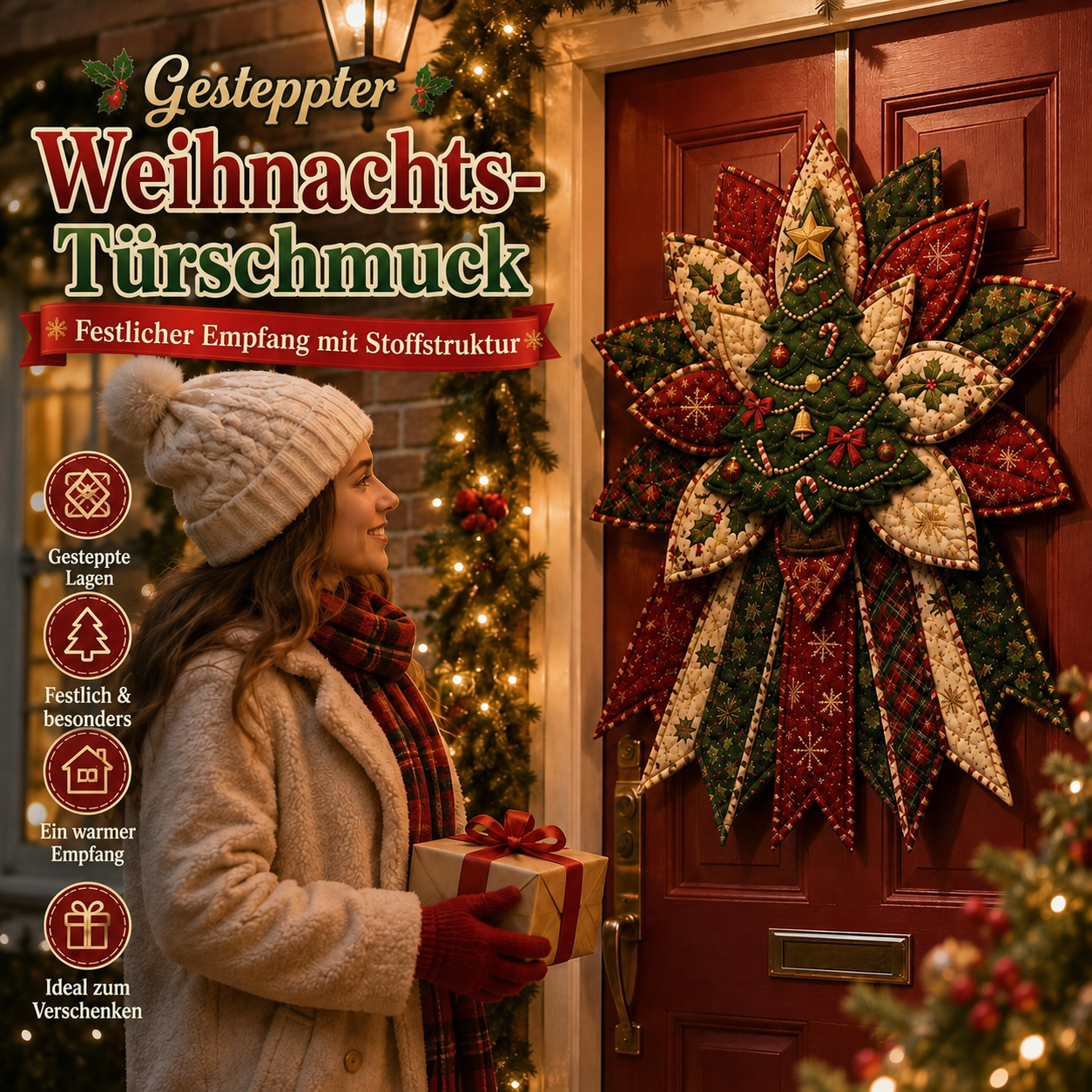 Großer gesteppter Weihnachts-Türschmuck als fertige Dekoration