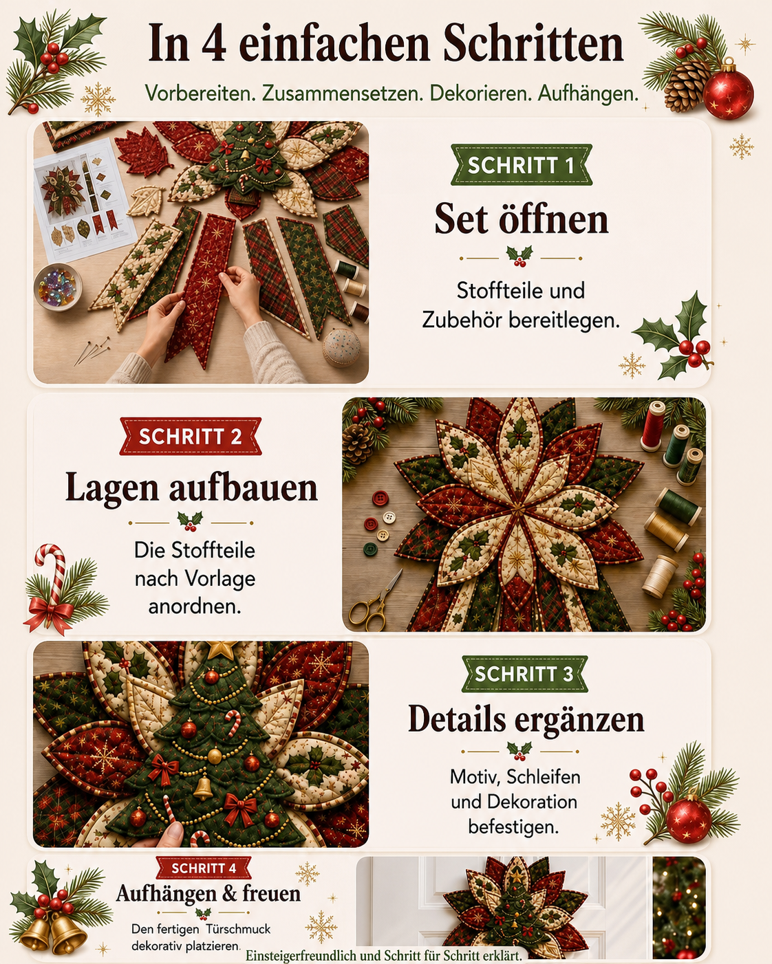 Vier einfache Schritte zum Zusammensetzen des Weihnachts-Türschmucks