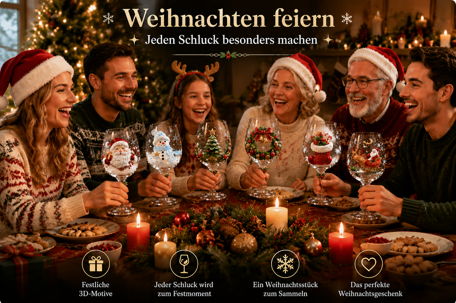 Weihnachten feiern mit sechs 3D-Weingläsern
