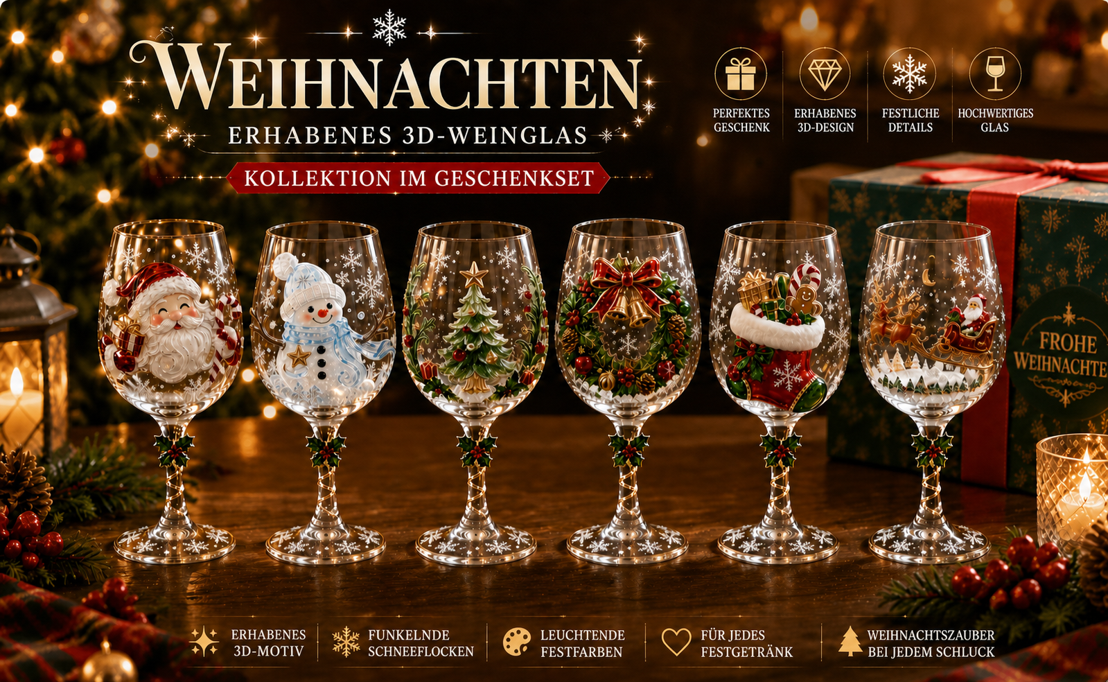 Deutsche Übersicht der 3D-Weihnachts-Weingläser