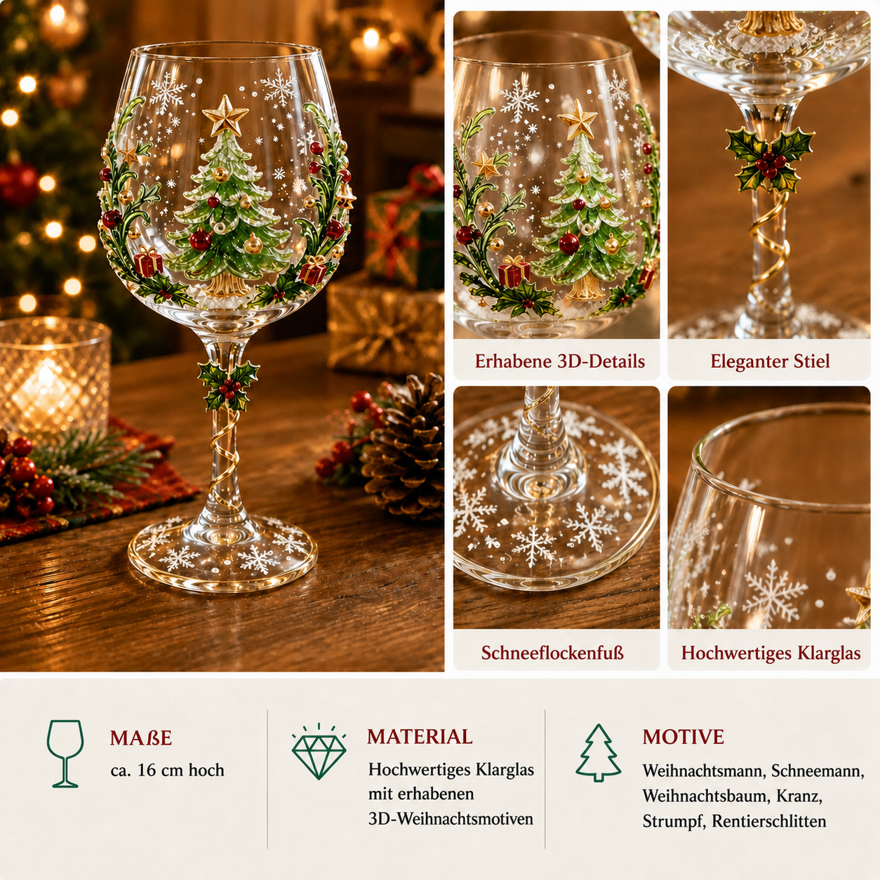 Maße und Material des 3D-Weihnachts-Weinglases