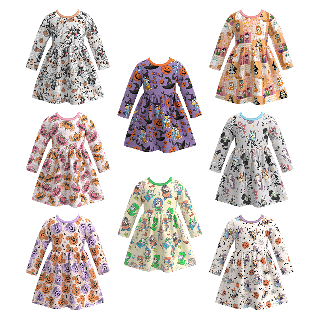 Girls' Halloween Cartoon Print Long-Sleeve Dress