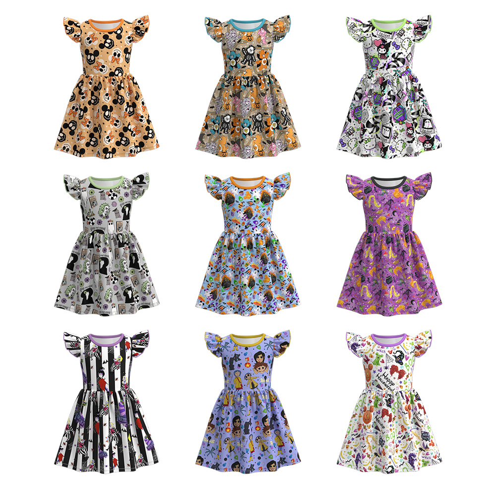 Girls' Halloween Printed Flutter-Sleeve Dress