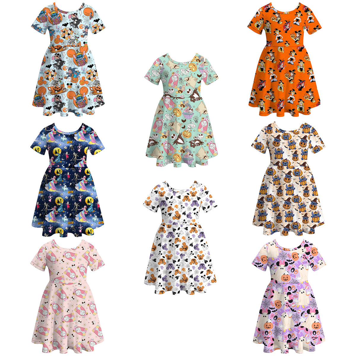 Girls' Halloween Cartoon Print Twirl Dress