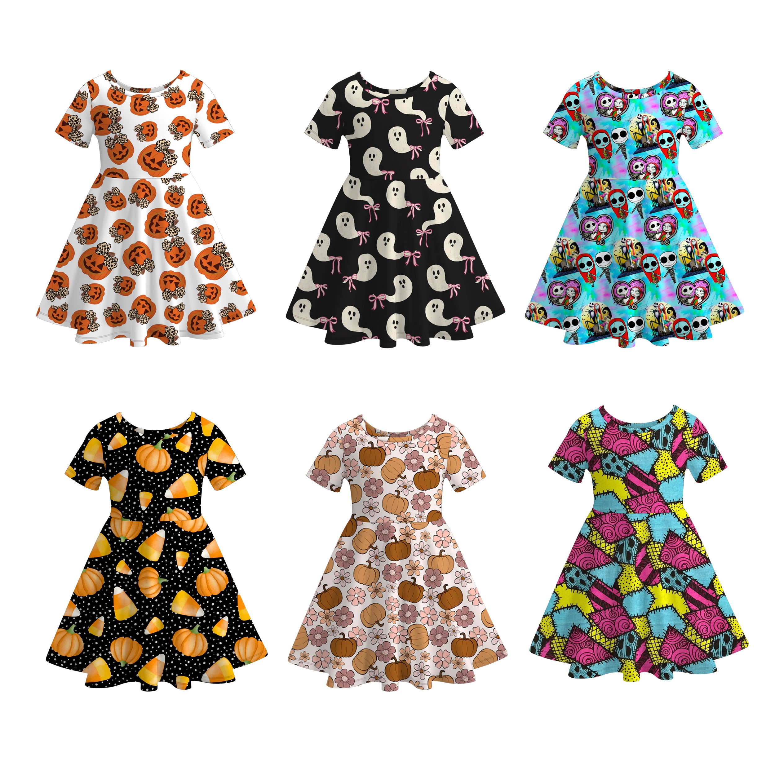 Girls' Halloween Six-Print Short-Sleeve Twirl Dress