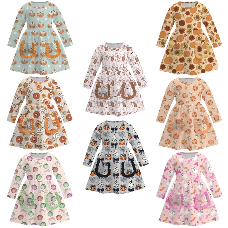 Girls' Halloween & Harvest Eight-Print Pocket Milk Silk Dress