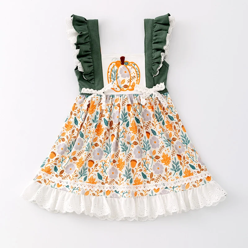 Girls' Halloween Pumpkin Embroidery Ruffle Dress