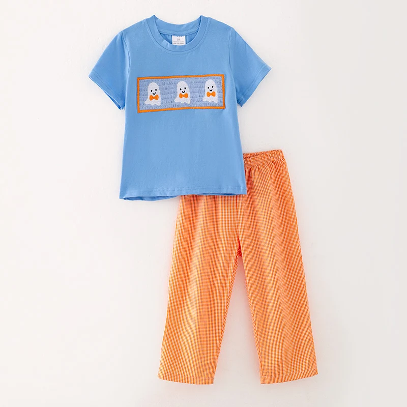 Boys' Halloween Ghost Embroidery Top & Gingham Pants Set
