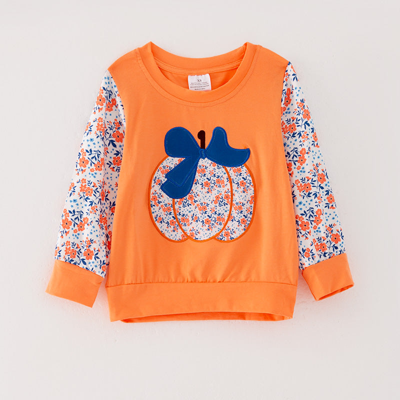 Girls' Floral Pumpkin Applique Cotton Long-Sleeve Top