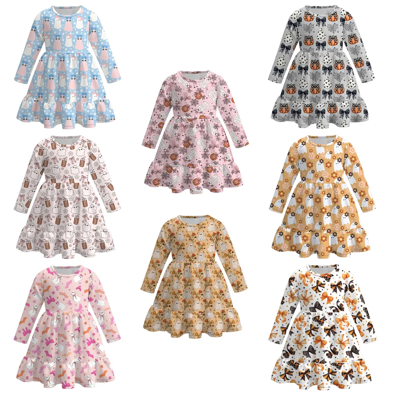 Girls' Halloween Eight-Print Long-Sleeve Milk Silk Dress