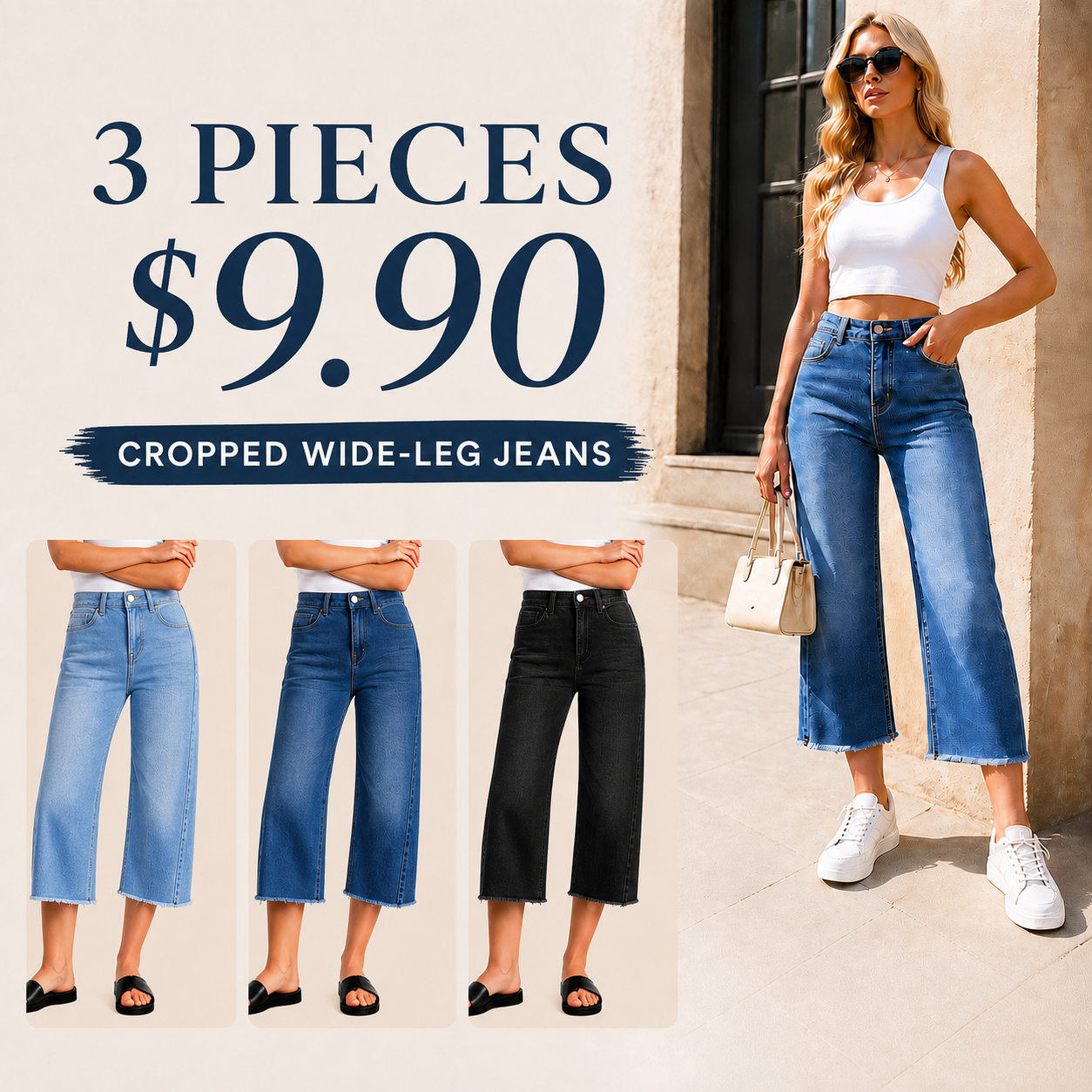Women's cropped jeans, high-waisted, wide-leg, stretchy, with frayed side seams.