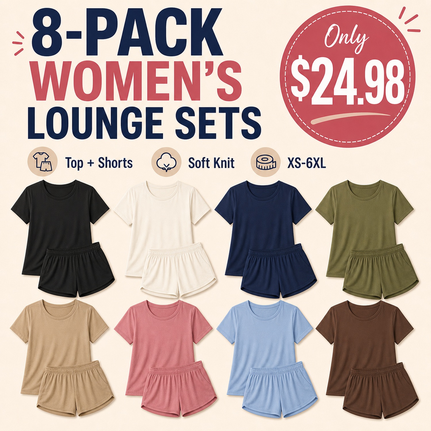Women's Casual Two Piece Lounge Sets - 8 Pack