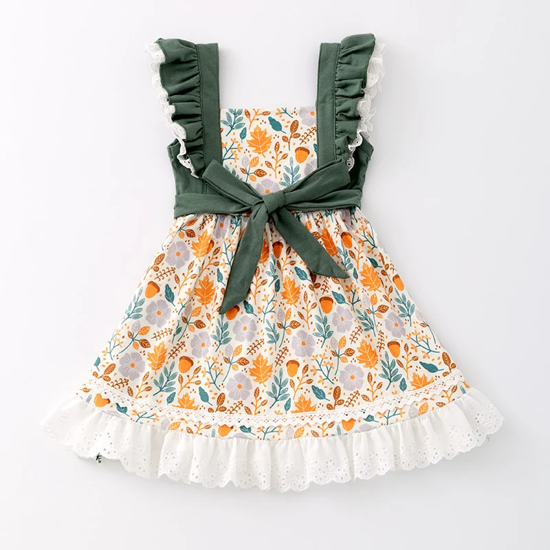 Girls' Halloween Pumpkin Embroidery Ruffle Dress