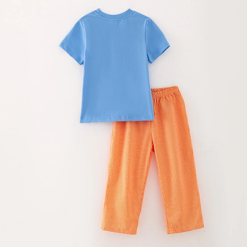 Boys' Halloween Ghost Embroidery Top & Gingham Pants Set