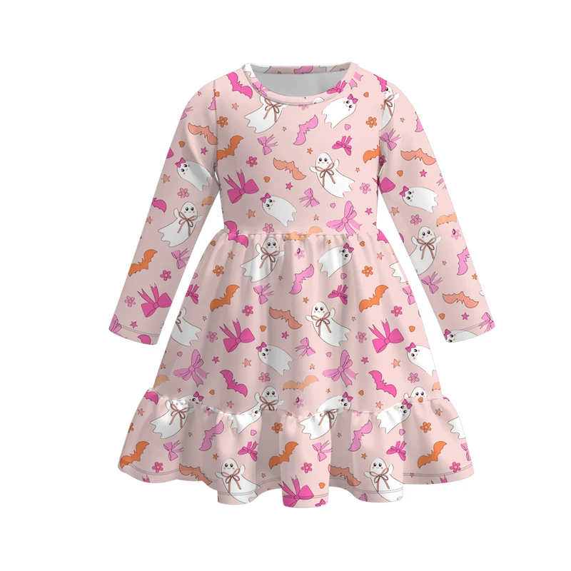 Girls' Halloween Eight-Print Long-Sleeve Milk Silk Dress
