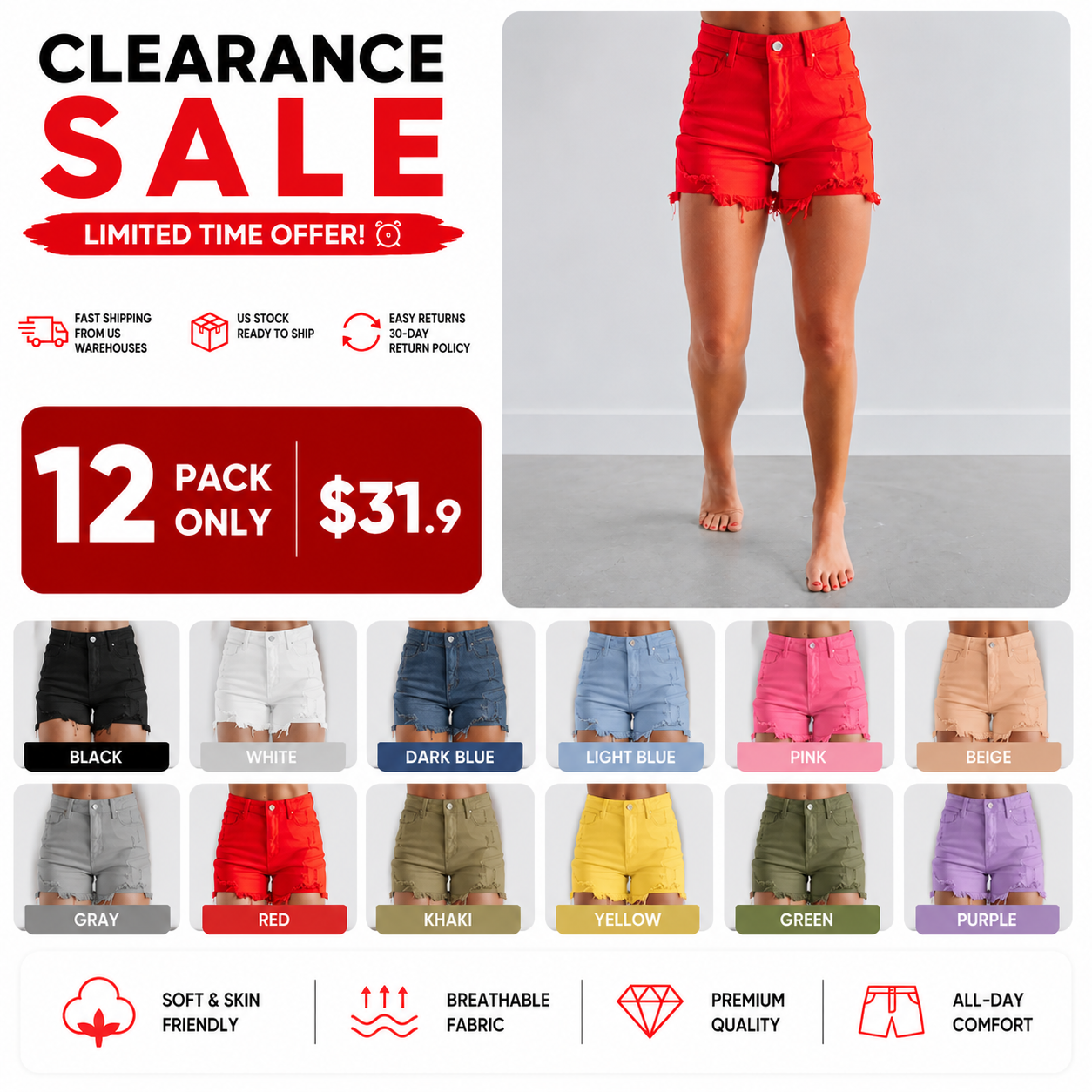 ⚡FINAL SALE⚡Summer-style frayed denim shorts