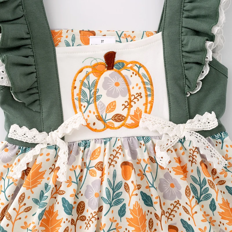 Girls' Halloween Pumpkin Embroidery Ruffle Dress
