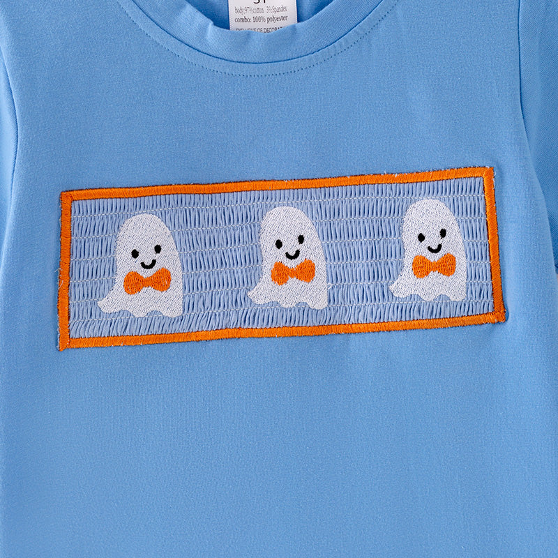 Boys' Halloween Ghost Embroidery Top & Gingham Pants Set