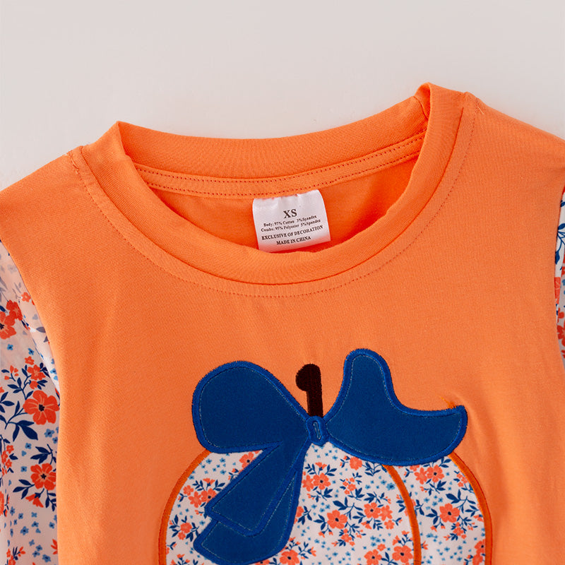 Girls' Floral Pumpkin Applique Cotton Long-Sleeve Top