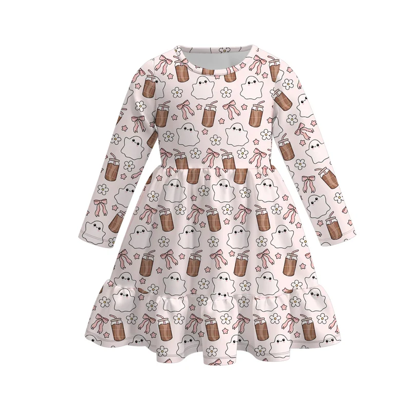 Girls' Halloween Eight-Print Long-Sleeve Milk Silk Dress