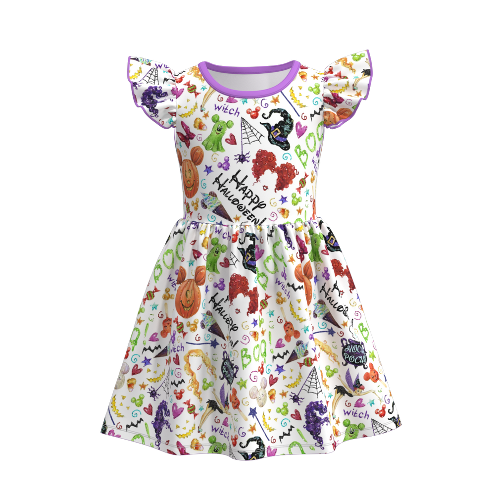 Girls' Halloween Printed Flutter-Sleeve Dress