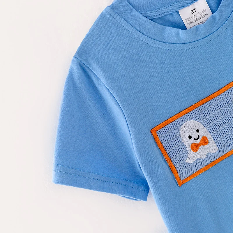 Boys' Halloween Ghost Embroidery Top & Gingham Pants Set