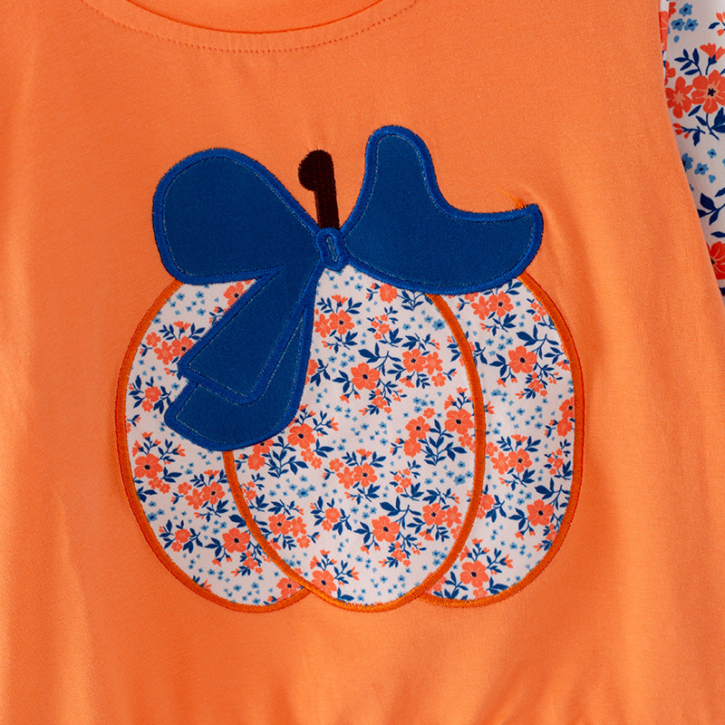 Girls' Floral Pumpkin Applique Cotton Long-Sleeve Top