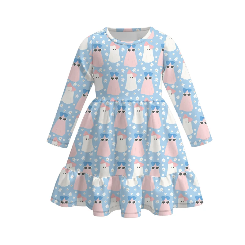 Girls' Halloween Eight-Print Long-Sleeve Milk Silk Dress