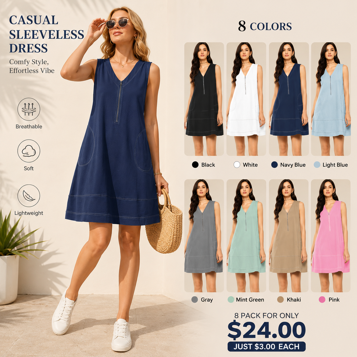 Comfortable Women's Half-Zip, Pure Cotton, A-Line Mini Dress