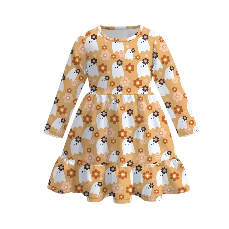Girls' Halloween Eight-Print Long-Sleeve Milk Silk Dress