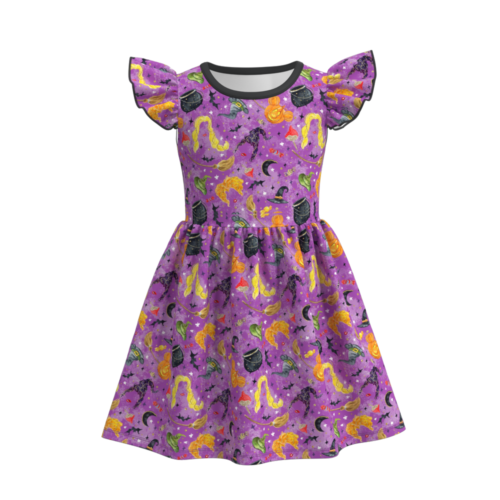 Girls' Halloween Printed Flutter-Sleeve Dress