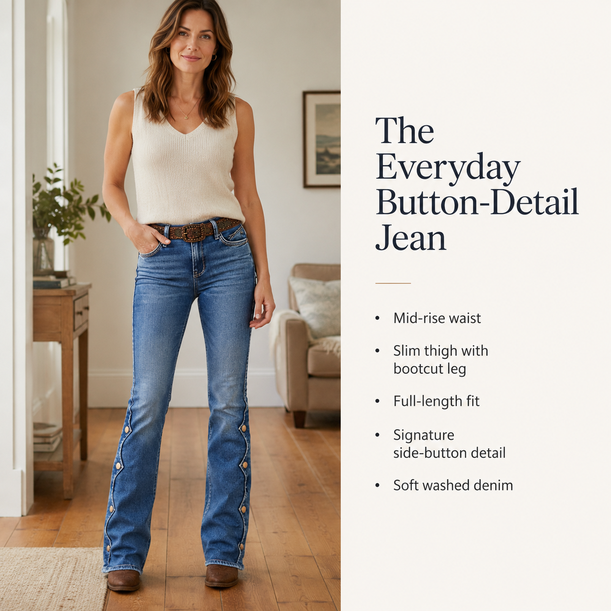 Raw Hem Button Side Mid Waist Bootcut Jeans