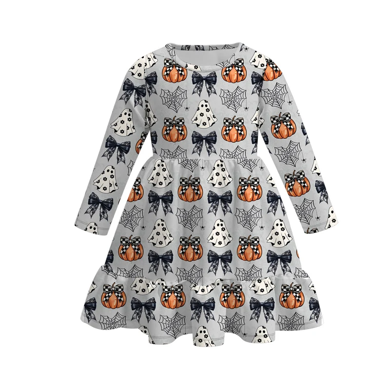 Girls' Halloween Eight-Print Long-Sleeve Milk Silk Dress