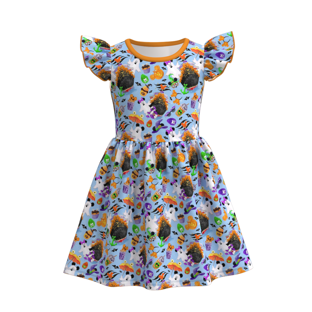 Girls' Halloween Printed Flutter-Sleeve Dress