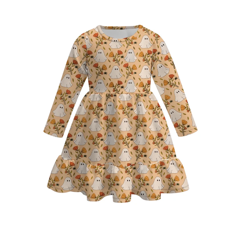 Girls' Halloween Eight-Print Long-Sleeve Milk Silk Dress