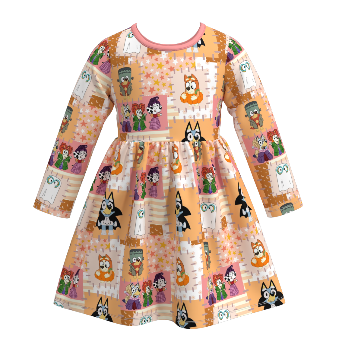 Girls' Halloween Cartoon Print Long-Sleeve Dress