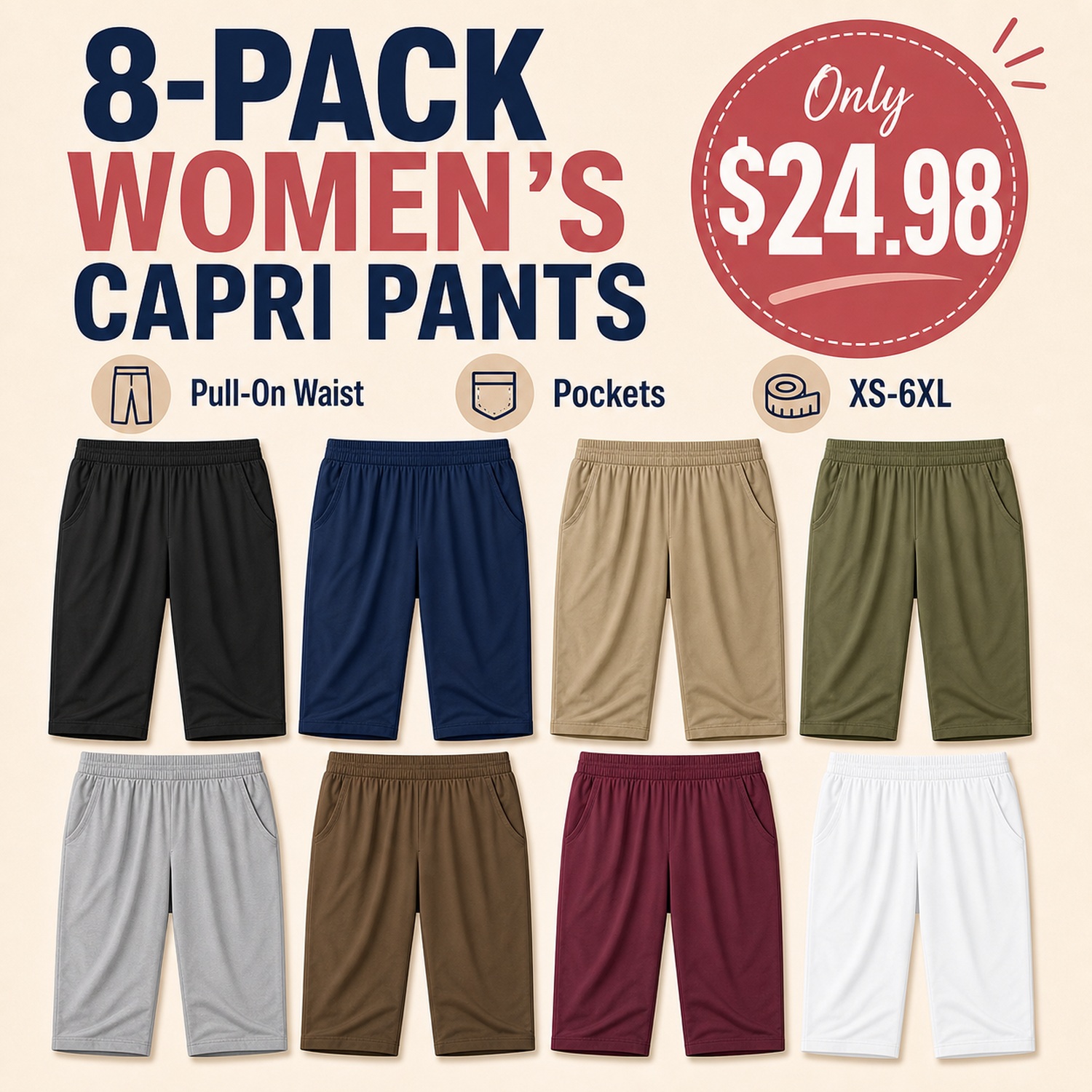 Women's Cropped Capri Travel Pants - 8 Pack