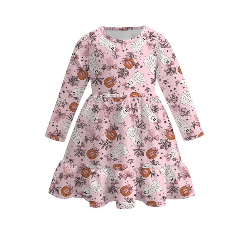 Girls' Halloween Eight-Print Long-Sleeve Milk Silk Dress
