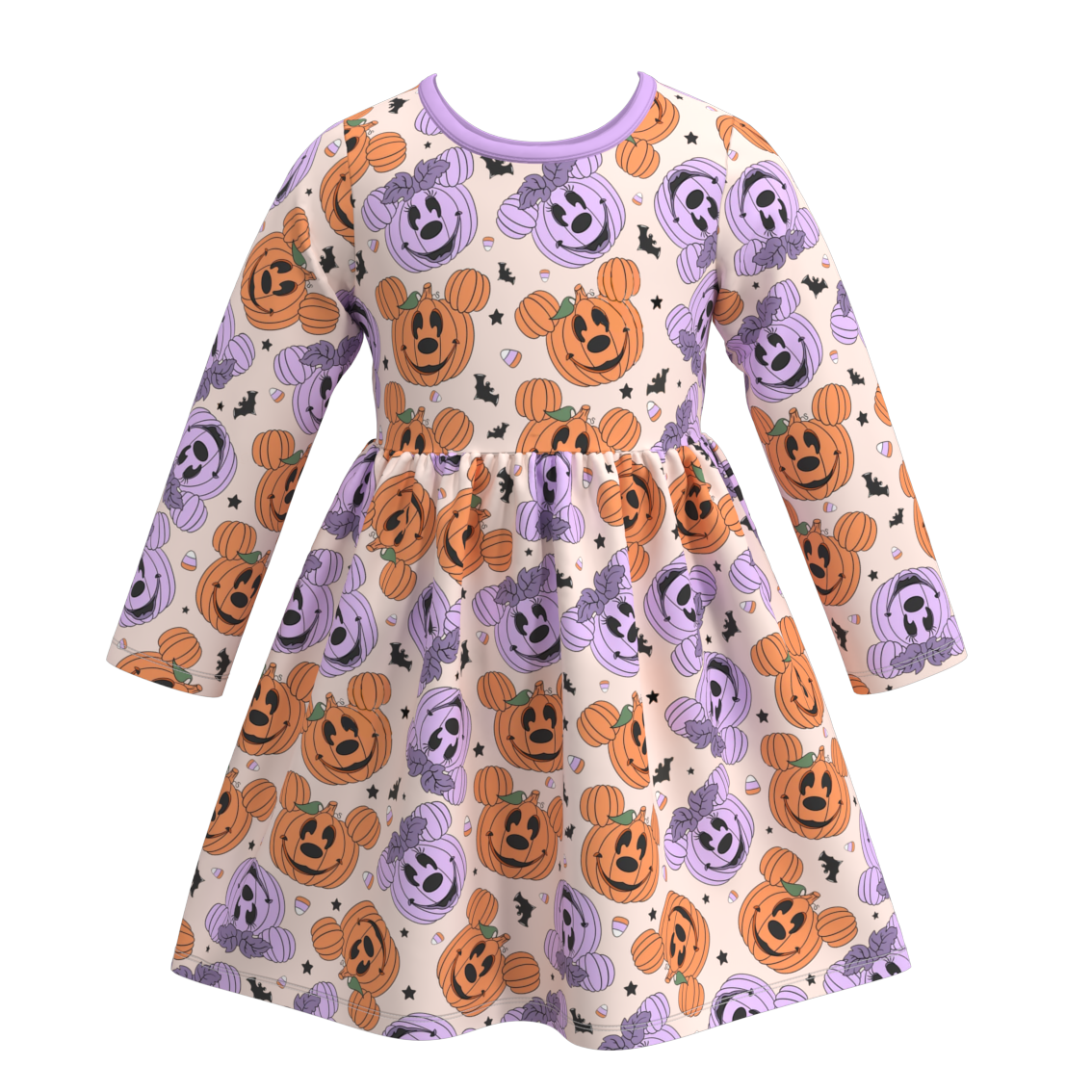 Girls' Halloween Cartoon Print Long-Sleeve Dress