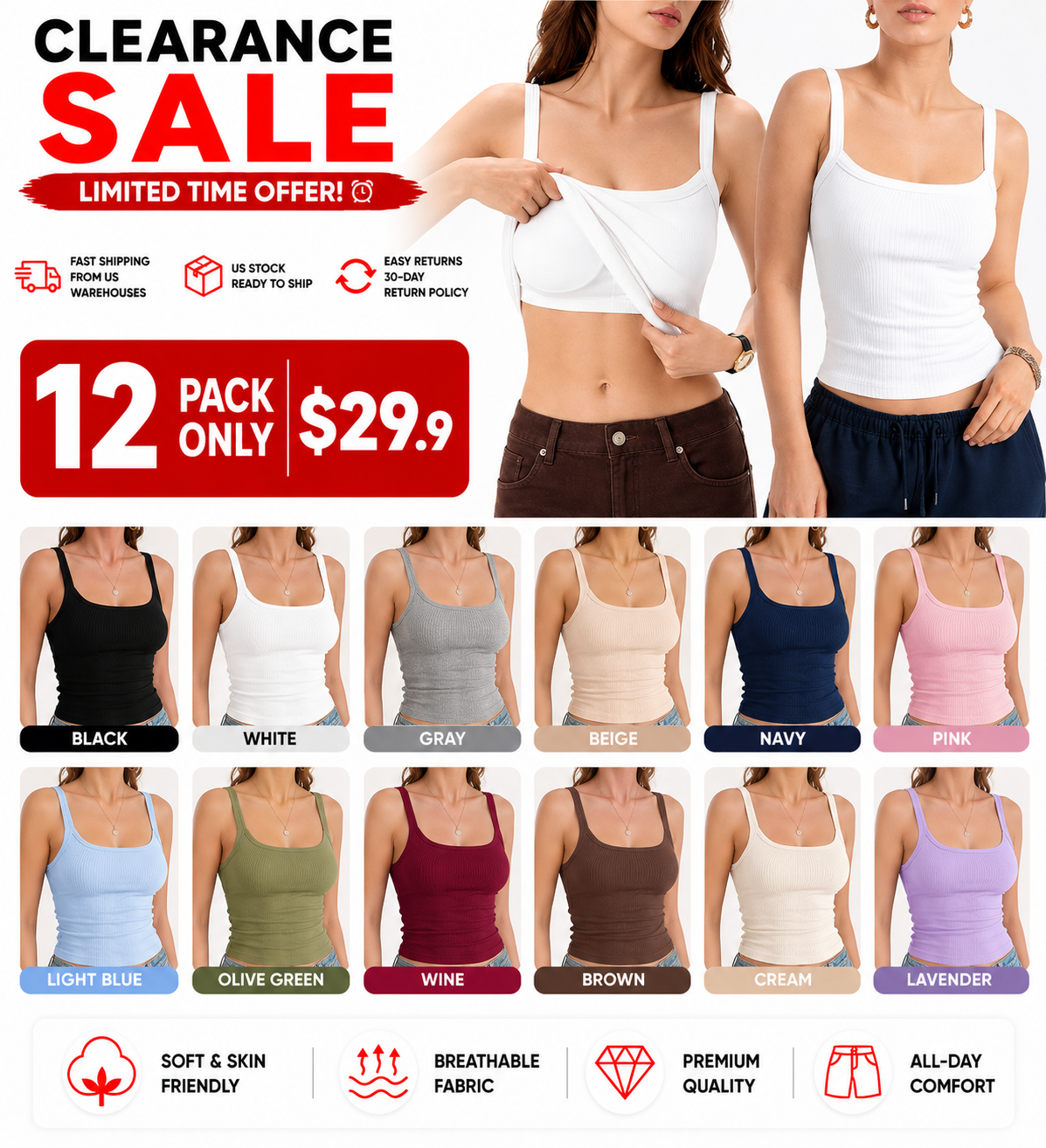 ⚡FINAL SALE⚡Women's pure cotton camisole with built-in breast pads