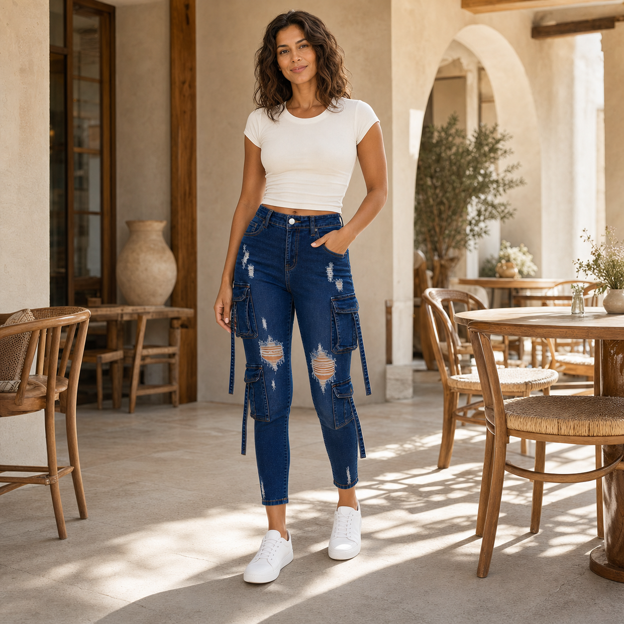 Women Cropped Slim Cargo Jeans