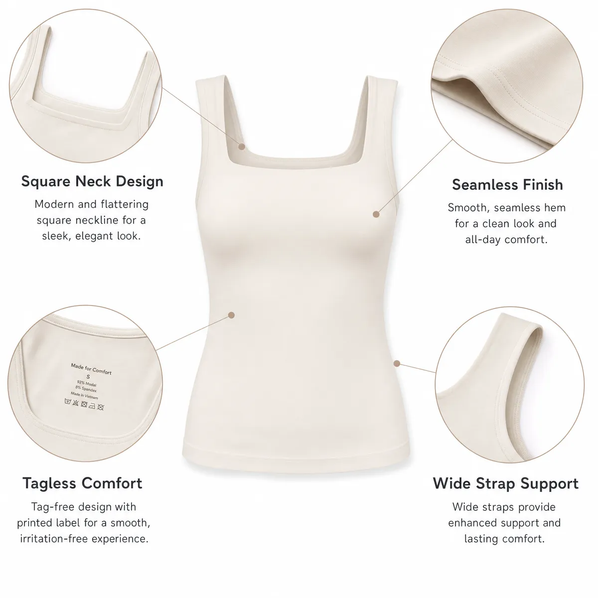 Women's Square Neck Tank Top, Wide Strap Buttery Soft Cami, Double Layer Stretchy Top