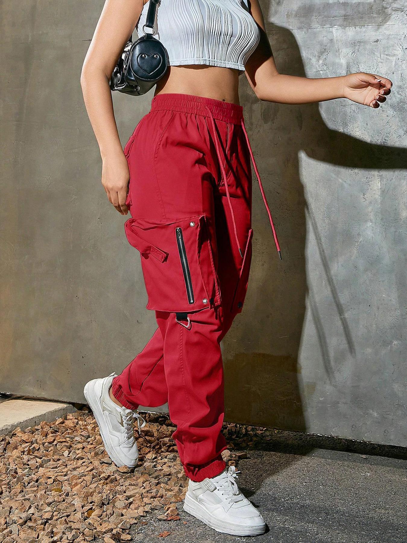 Women's solid color, adjustable drawstring, loose-fitting basic cargo pants