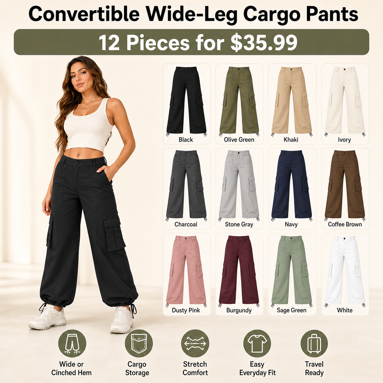 Adjustable Hem Wide Leg Cargo Pants