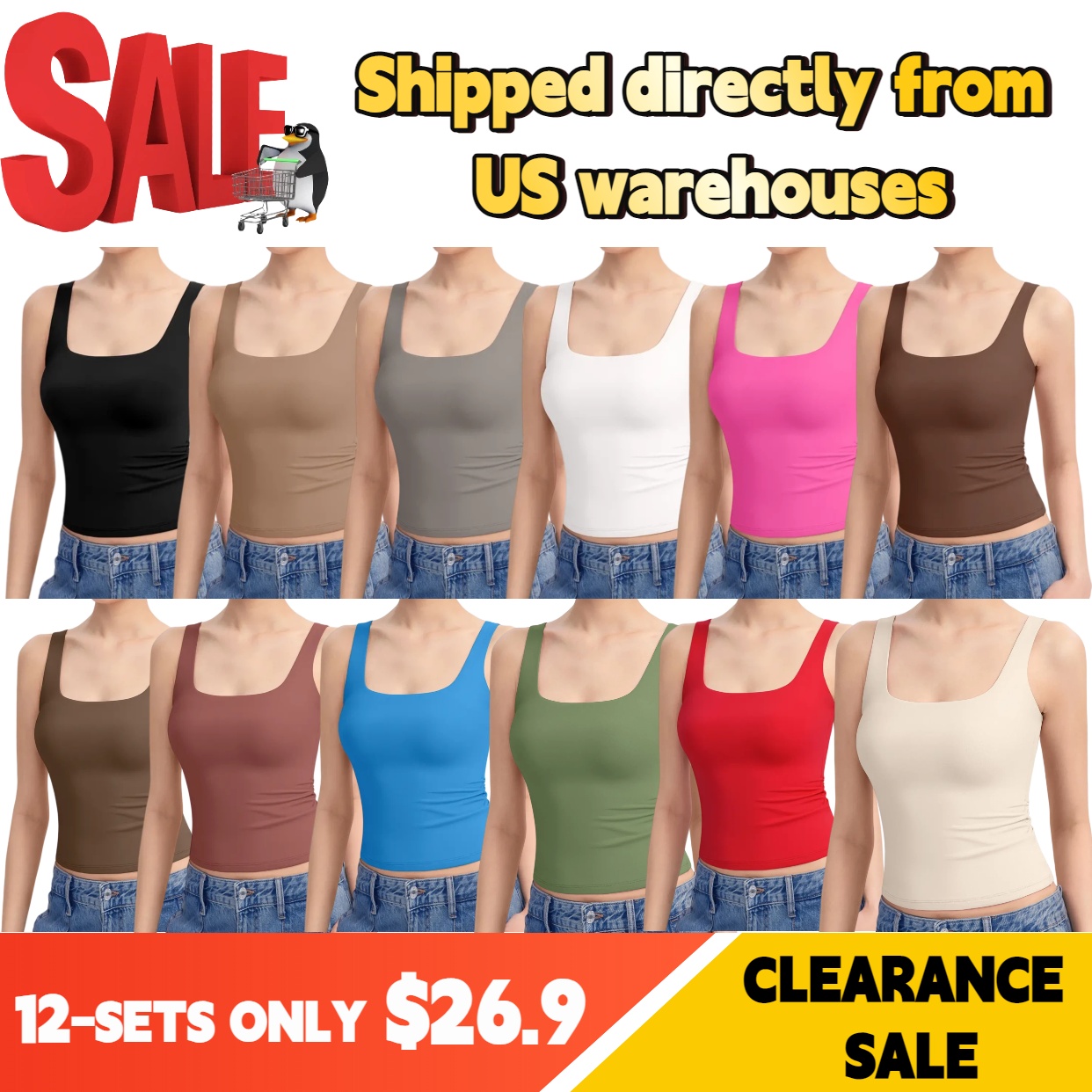 Women's Square Neck Tank Top, Wide Strap Buttery Soft Cami, Double Layer Stretchy Top