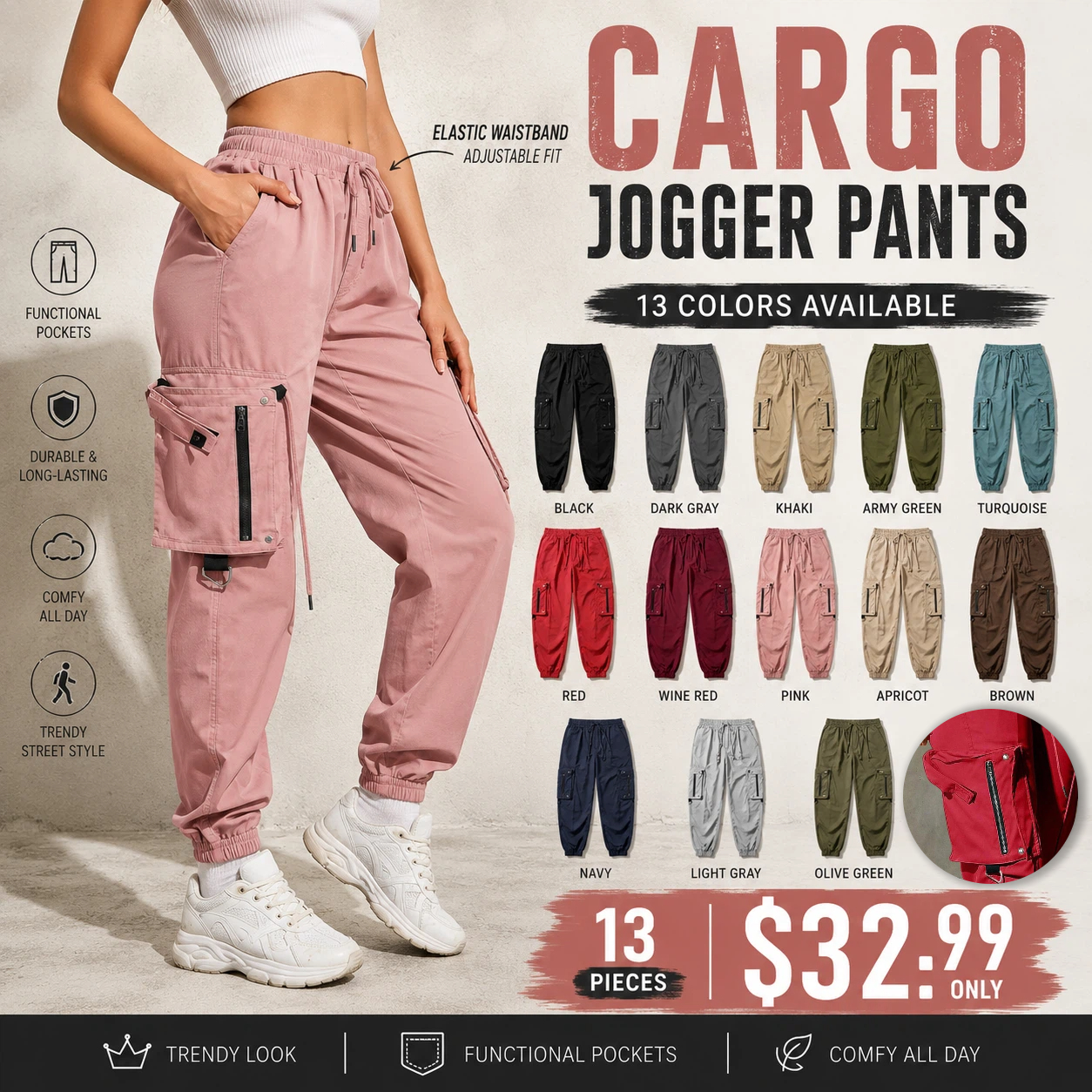 Women's solid color, adjustable drawstring, loose-fitting basic cargo pants