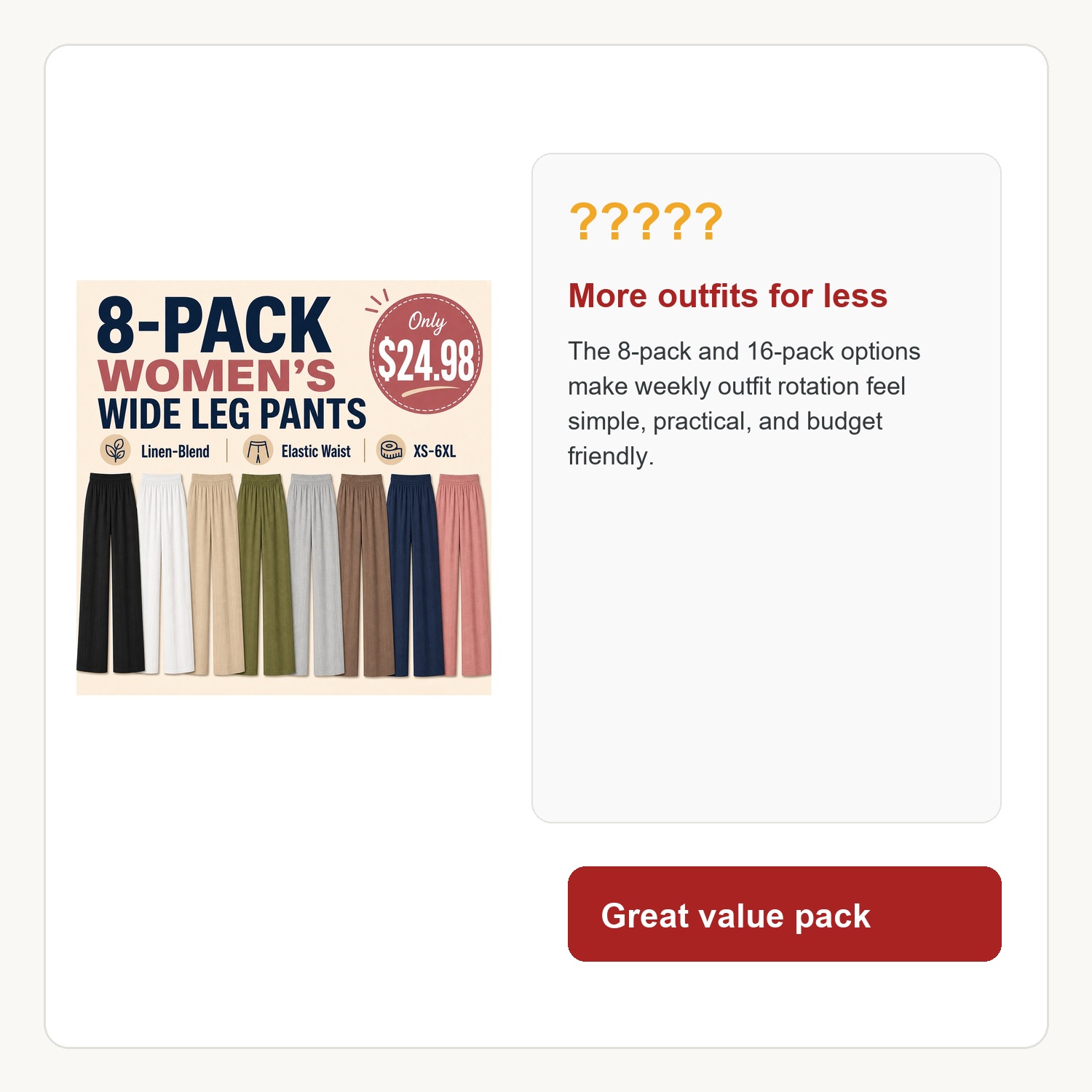 Women's Weekend Airy Wide Leg Pants - 8 Pack